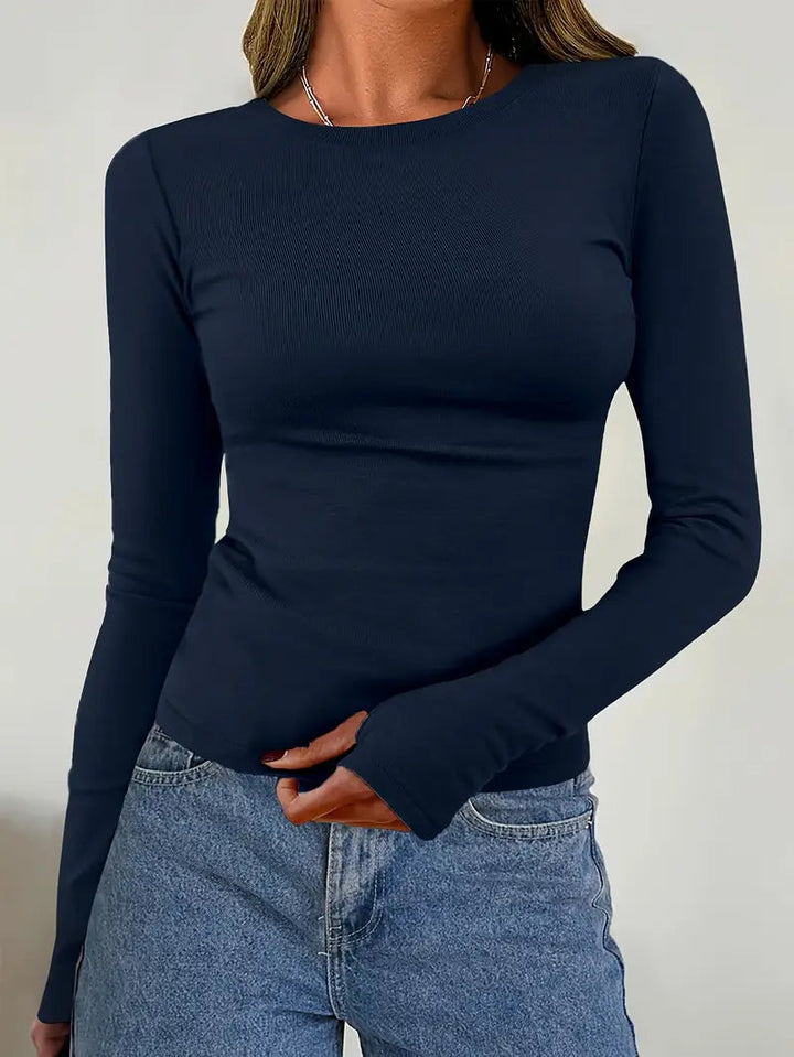 Women's long sleeve top elastic round neckline figure-hugging