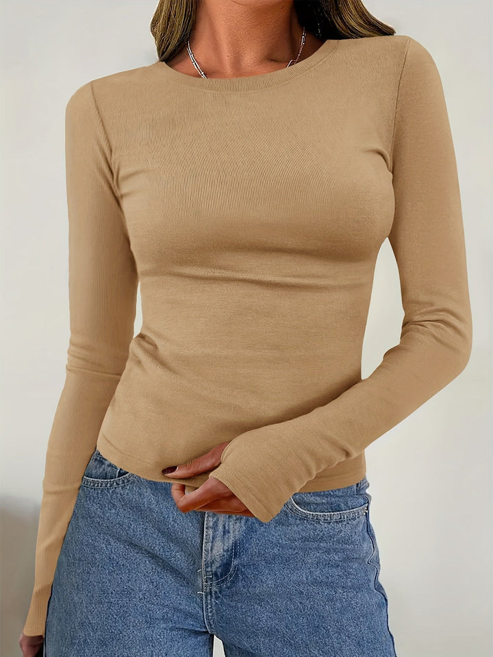 Women's long sleeve top elastic round neckline figure-hugging
