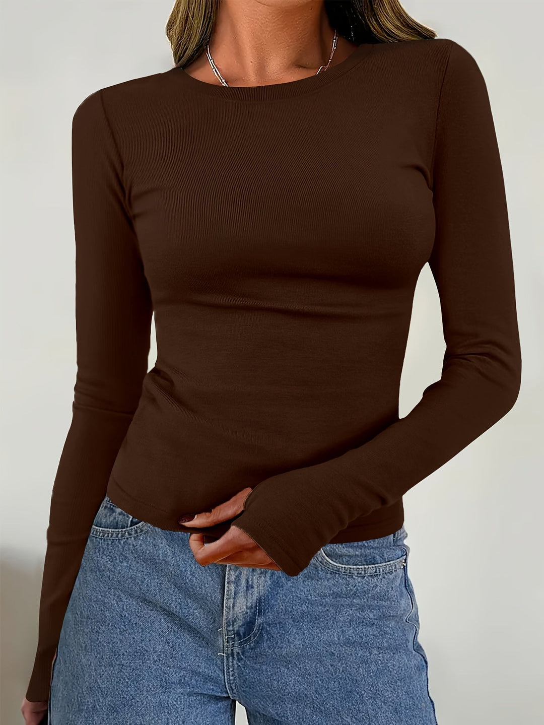 Women's long sleeve top elastic round neckline figure-hugging