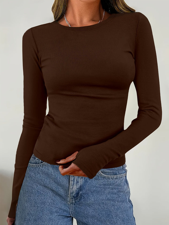Women's long sleeve top elastic round neckline figure-hugging