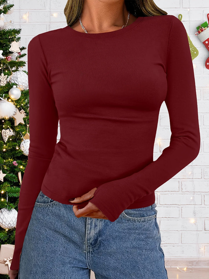Women's long sleeve top elastic round neckline figure-hugging