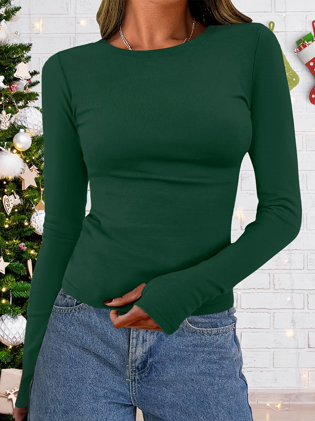 Women's long sleeve top elastic round neckline figure-hugging