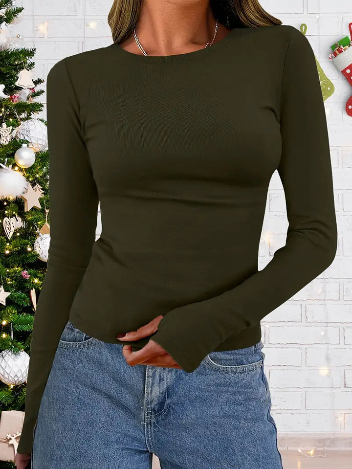 Women's long sleeve top elastic round neckline figure-hugging