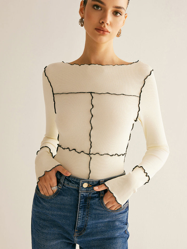 T-shirt à manches longues pour femmes en coton Lyocell slim fit avec bordure en laitue