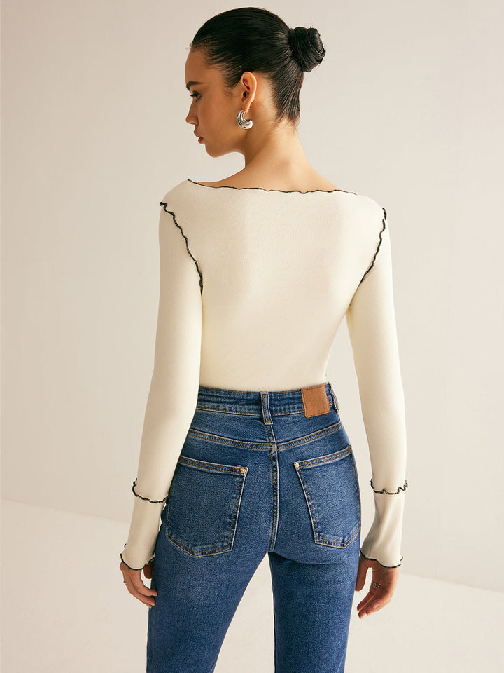 T-shirt à manches longues pour femmes en coton Lyocell slim fit avec bordure en laitue