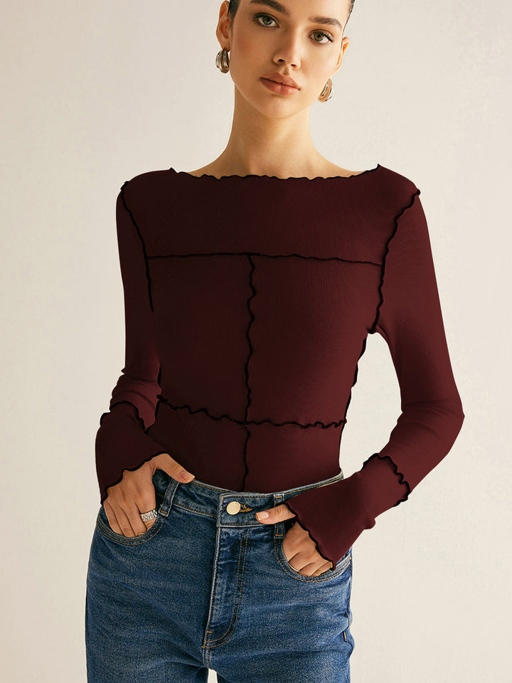 T-shirt à manches longues pour femmes en coton Lyocell slim fit avec bordure en laitue