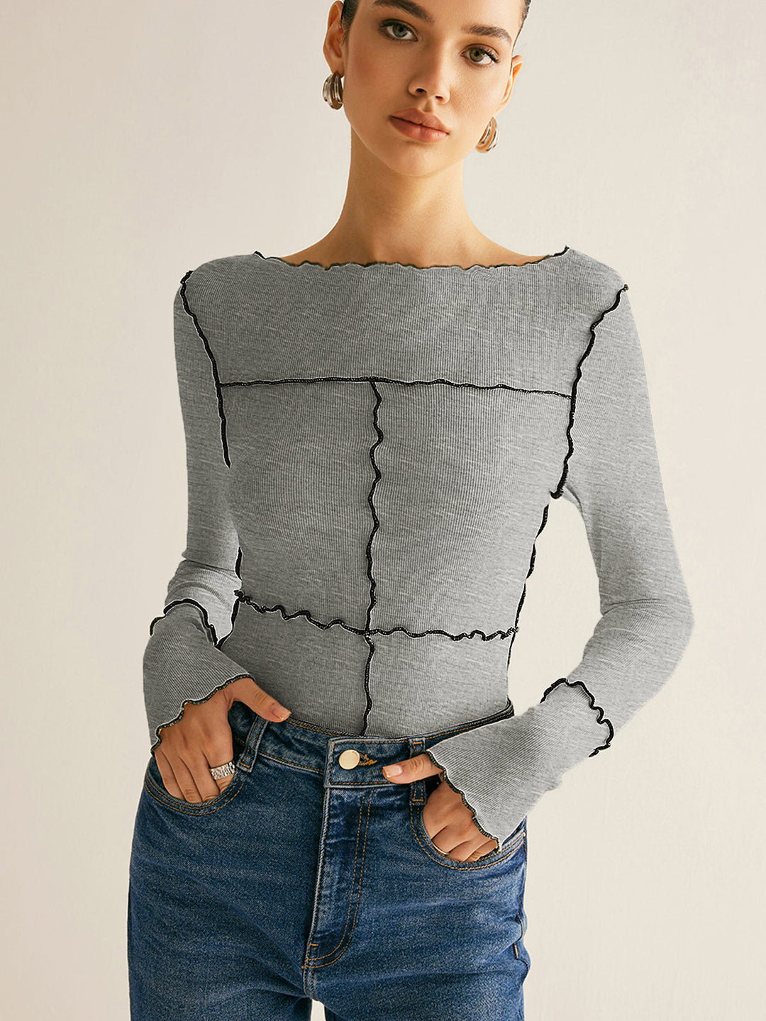T-shirt à manches longues pour femmes en coton Lyocell slim fit avec bordure en laitue