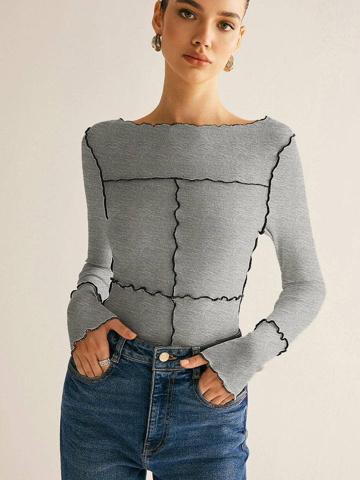 T-shirt à manches longues pour femmes en coton Lyocell slim fit avec bordure en laitue