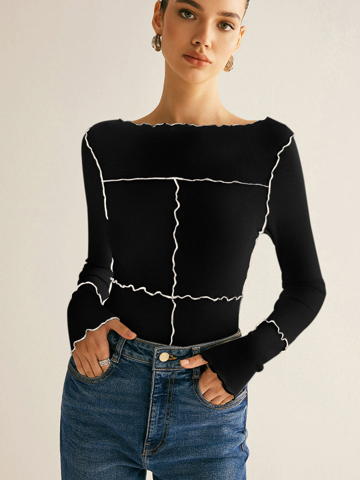 T-shirt à manches longues pour femmes en coton Lyocell slim fit avec bordure en laitue