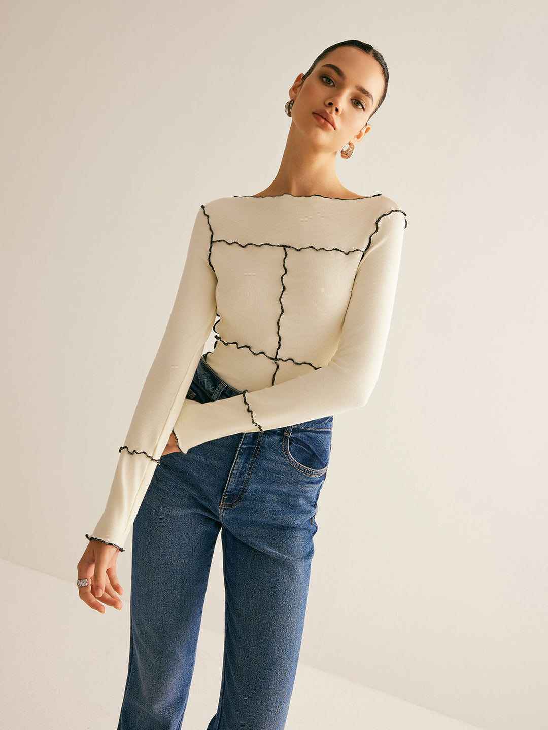 T-shirt à manches longues pour femmes en coton Lyocell slim fit avec bordure en laitue