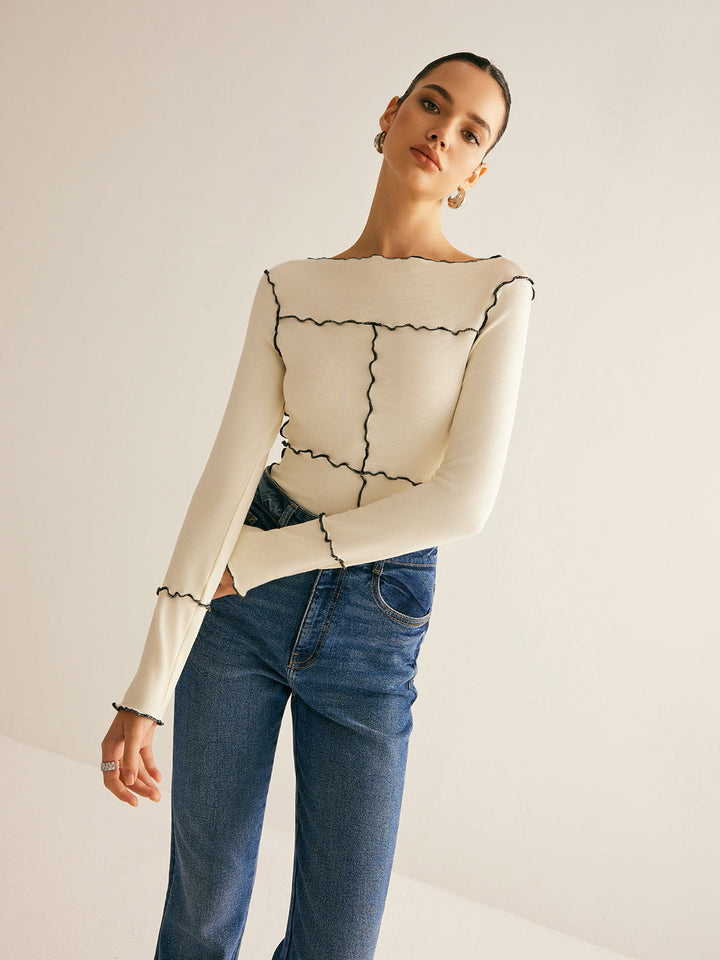 T-shirt à manches longues pour femmes en coton Lyocell slim fit avec bordure en laitue