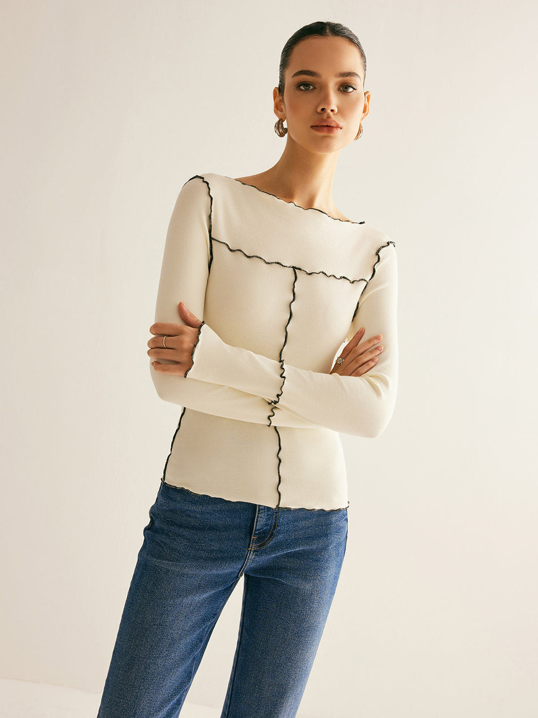 T-shirt à manches longues pour femmes en coton Lyocell slim fit avec bordure en laitue