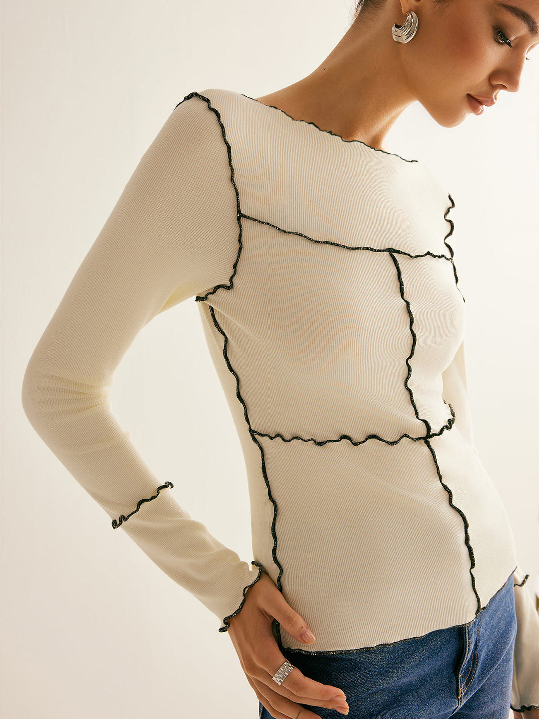 T-shirt à manches longues pour femmes en coton Lyocell slim fit avec bordure en laitue