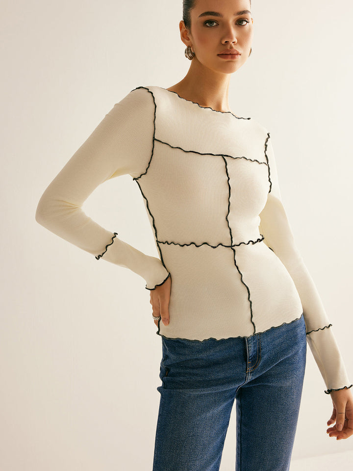 T-shirt à manches longues pour femmes en coton Lyocell slim fit avec bordure en laitue