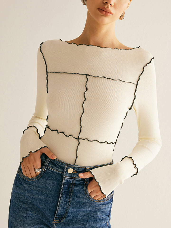 T-shirt à manches longues pour femmes en coton Lyocell slim fit avec bordure en laitue