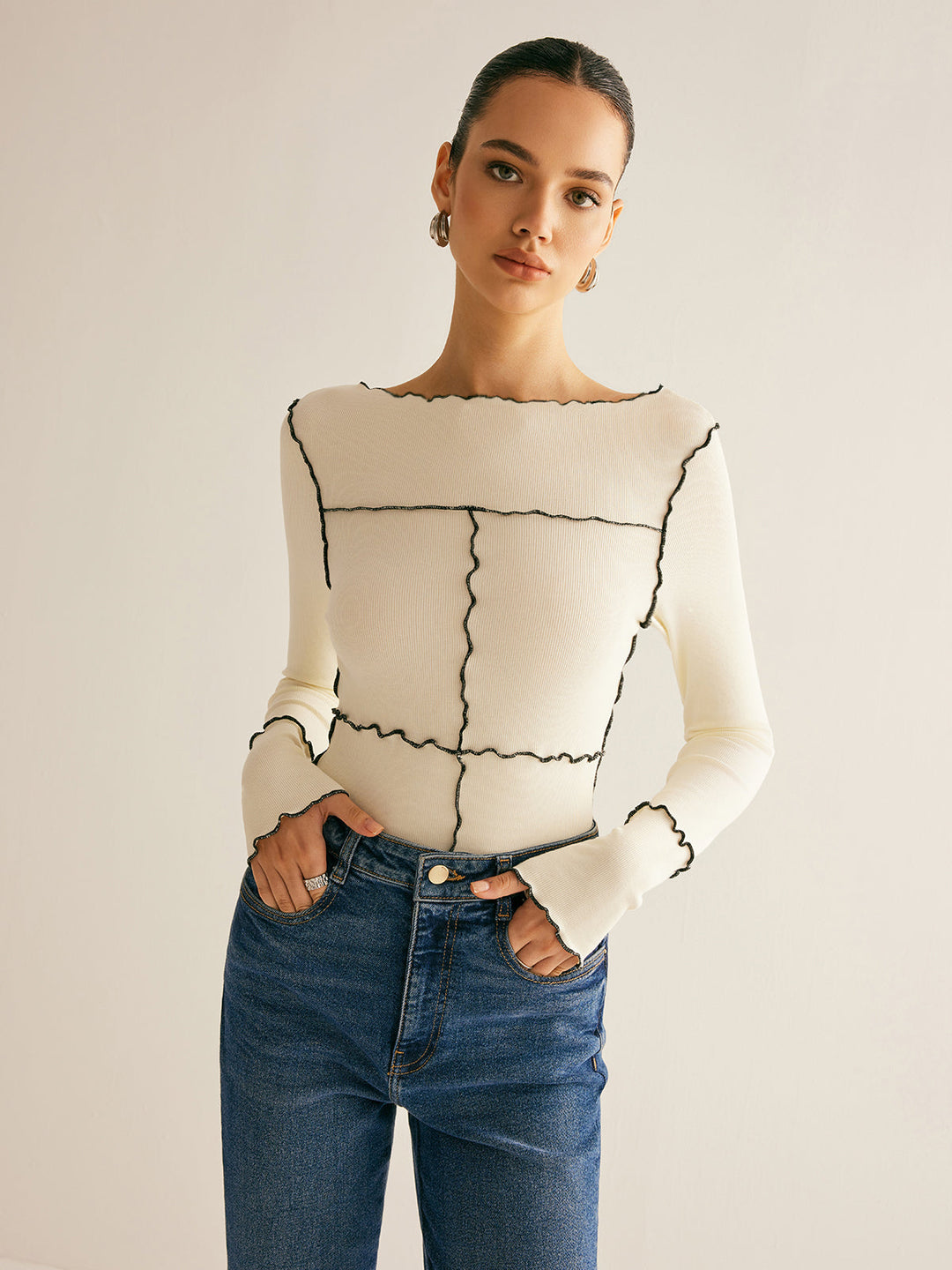 T-shirt à manches longues pour femmes en coton Lyocell slim fit avec bordure en laitue