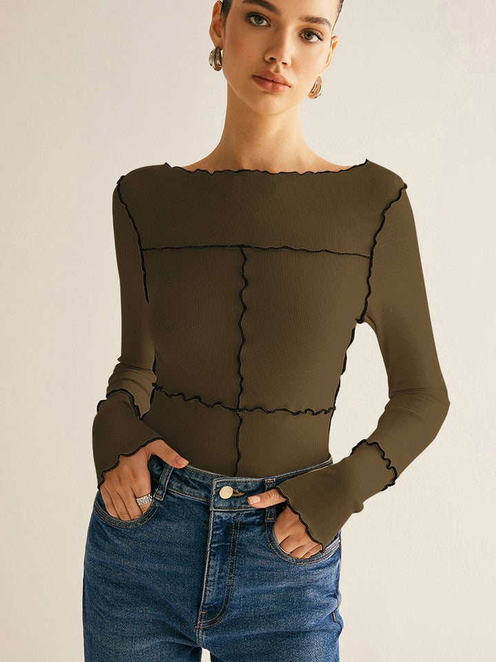 T-shirt à manches longues pour femmes en coton Lyocell slim fit avec bordure en laitue