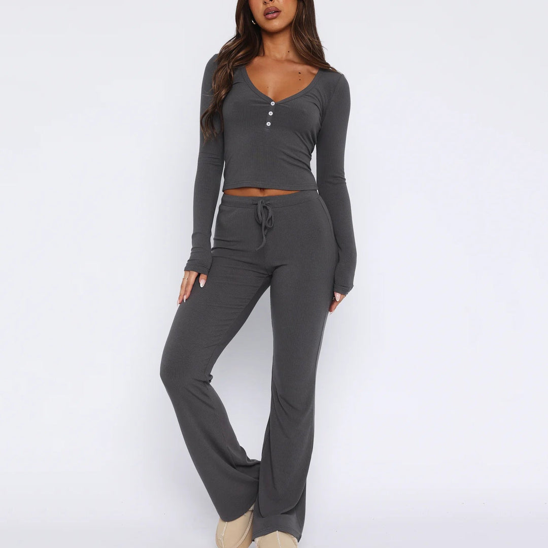 Women's loungewear set ribbed fabric comfortable fit V-neck