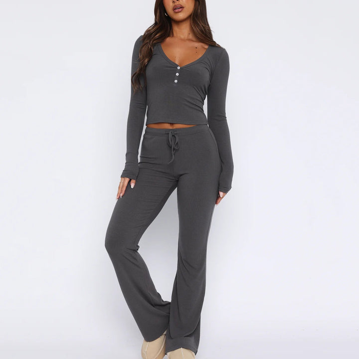 Women's loungewear set ribbed fabric comfortable fit V-neck