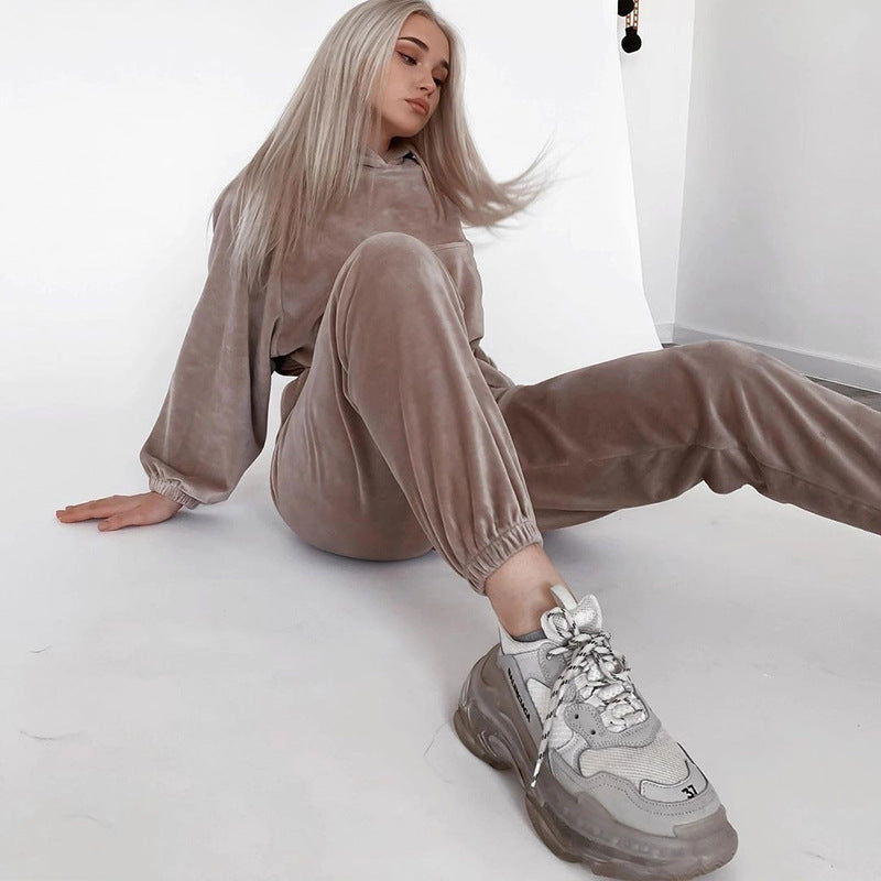 Women's loungewear set velour cropped hoodie wide pants