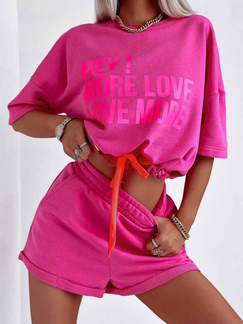 Women's loungewear set soft fabric graphic print cropped top shorts