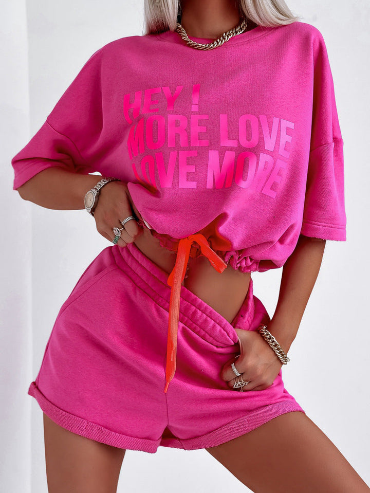Women's loungewear set soft fabric graphic print cropped top shorts