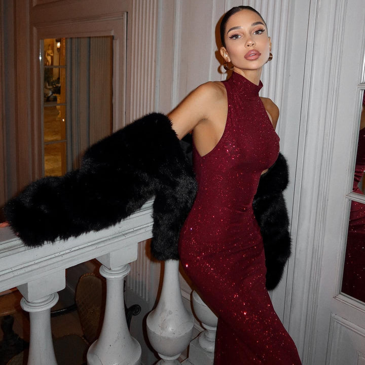 Damen Maxikleid Pailletten Elegant Tailliert Ärmellos Hochgeschlossen 5