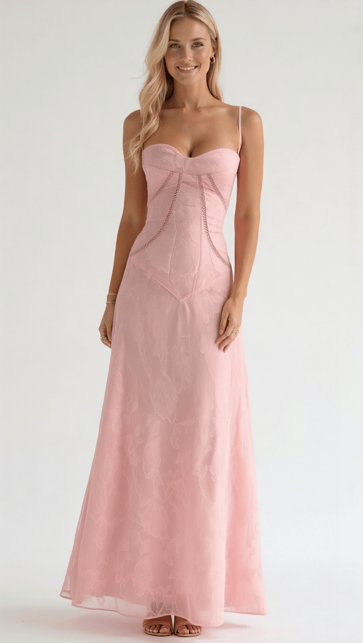 Damen Maxikleid Spitze Elegante Silhouette Blumen-Jacquard Figurbetont 3