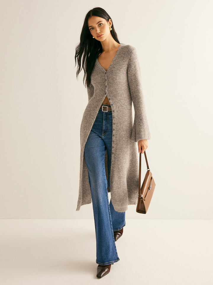 Damen Maxi Pullover V-Ausschnitt Strick mit Schlitz