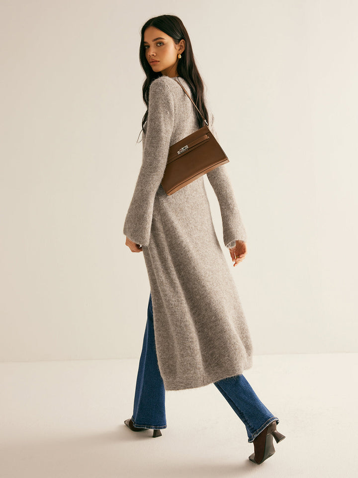 Damen Maxi Pullover V-Ausschnitt Strick mit Schlitz