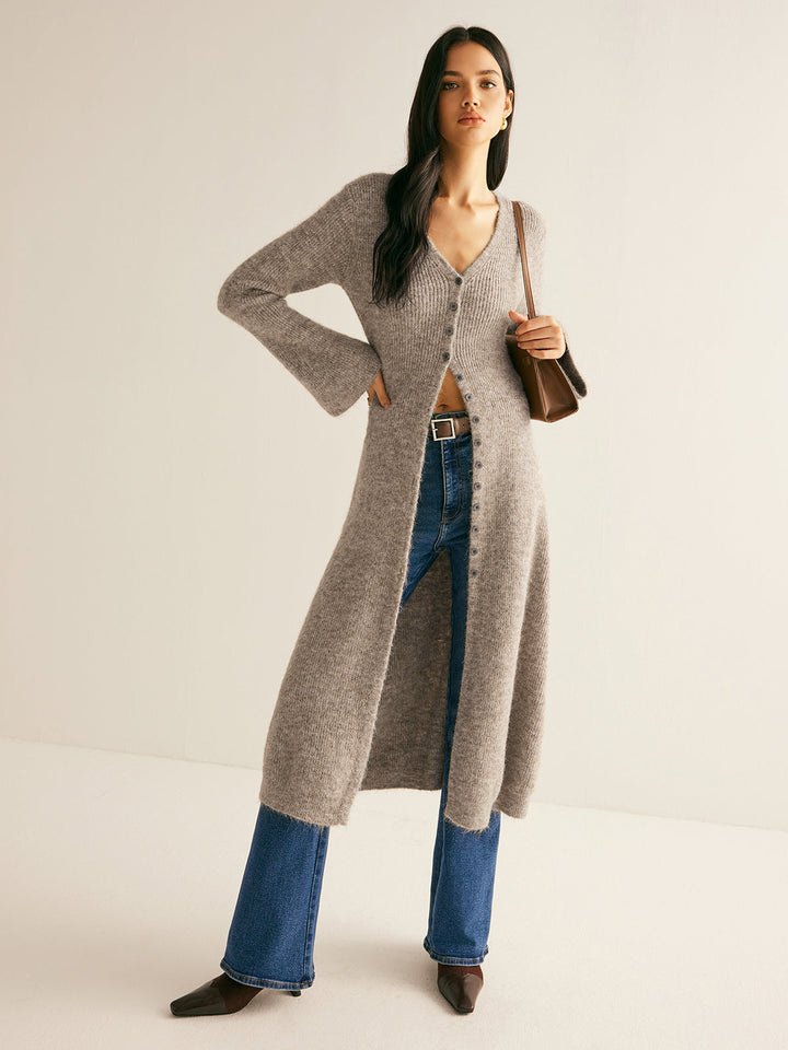 Damen Maxi Pullover V-Ausschnitt Strick mit Schlitz