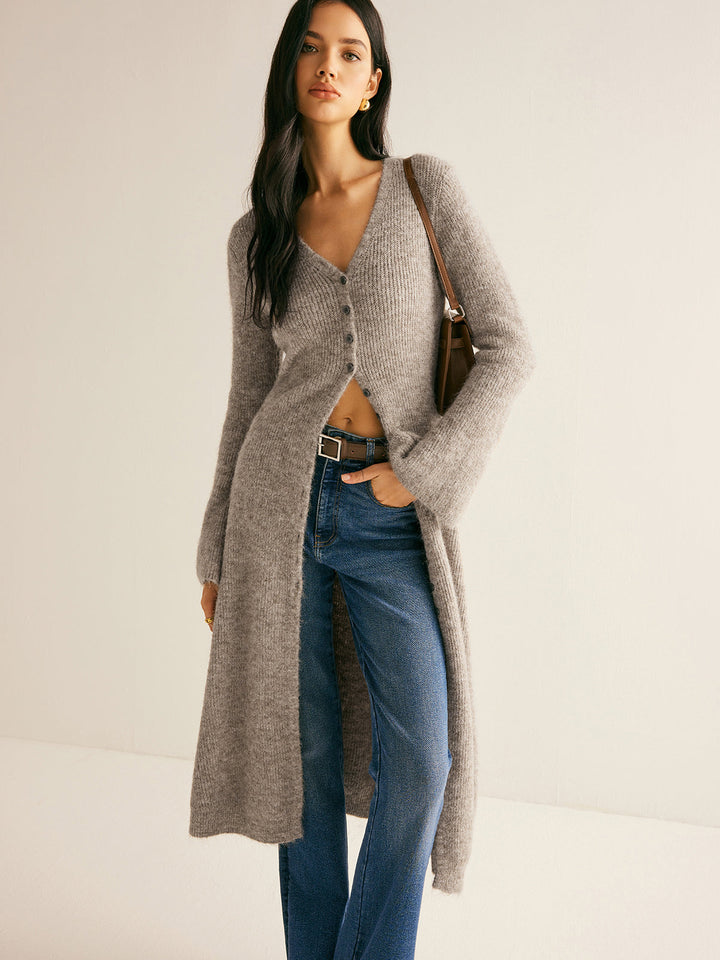 Damen Maxi Pullover V-Ausschnitt Strick mit Schlitz