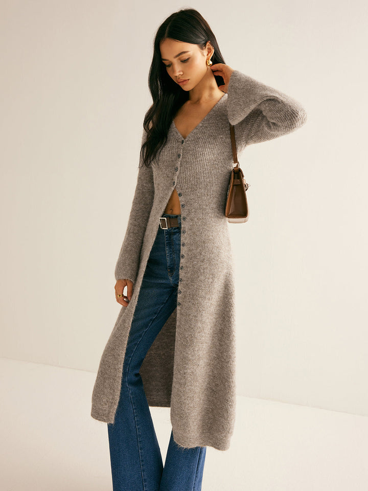 Damen Maxi Pullover V-Ausschnitt Strick mit Schlitz