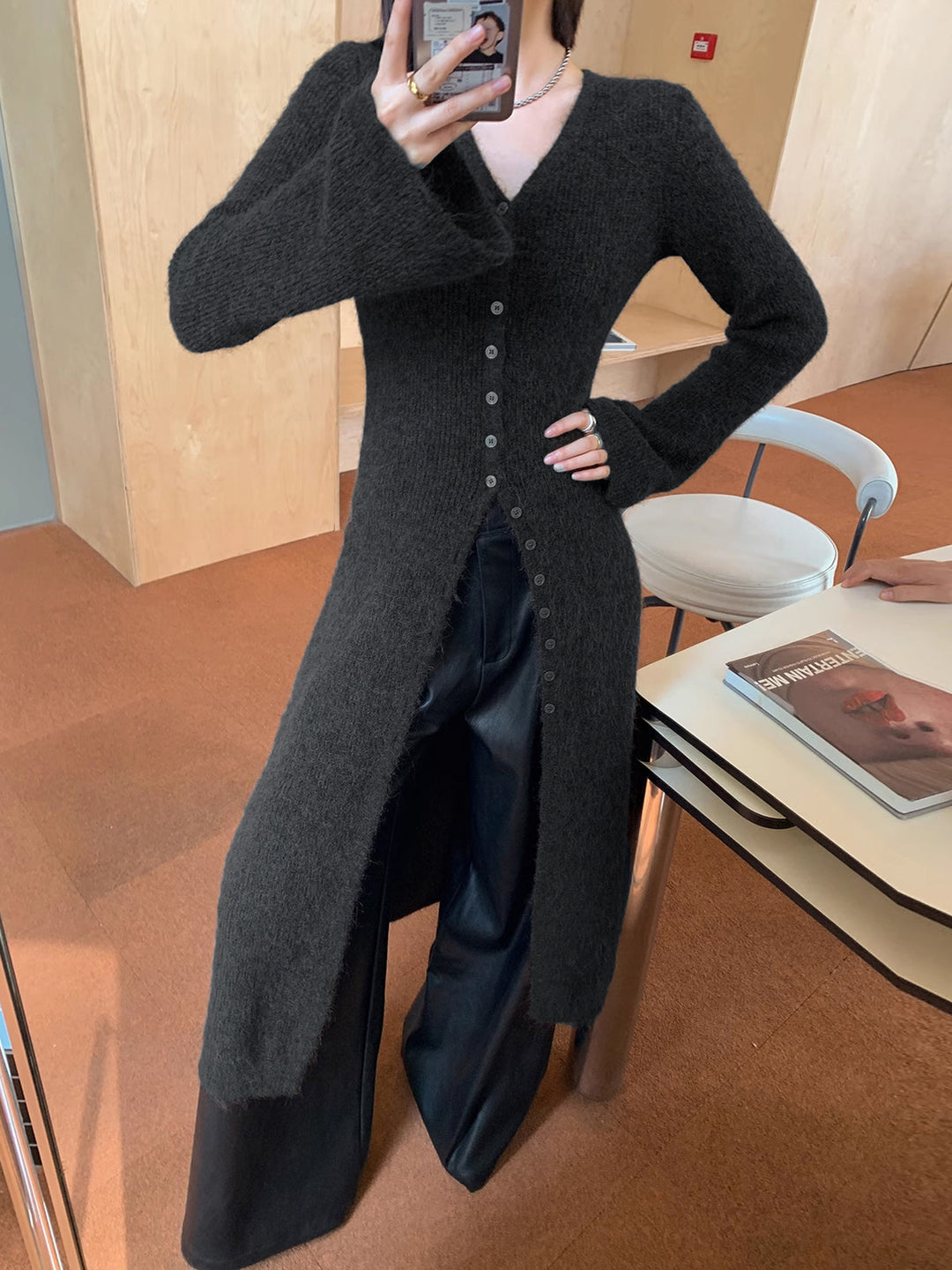 Damen Maxi Pullover V-Ausschnitt Strick mit Schlitz