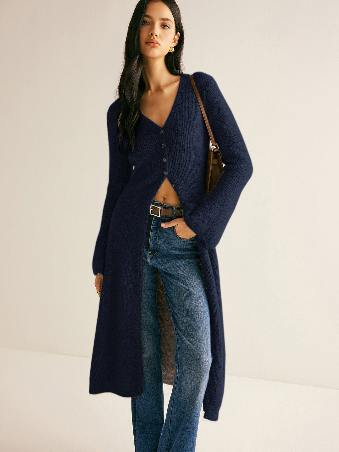 Damen Maxi Pullover V-Ausschnitt Strick mit Schlitz