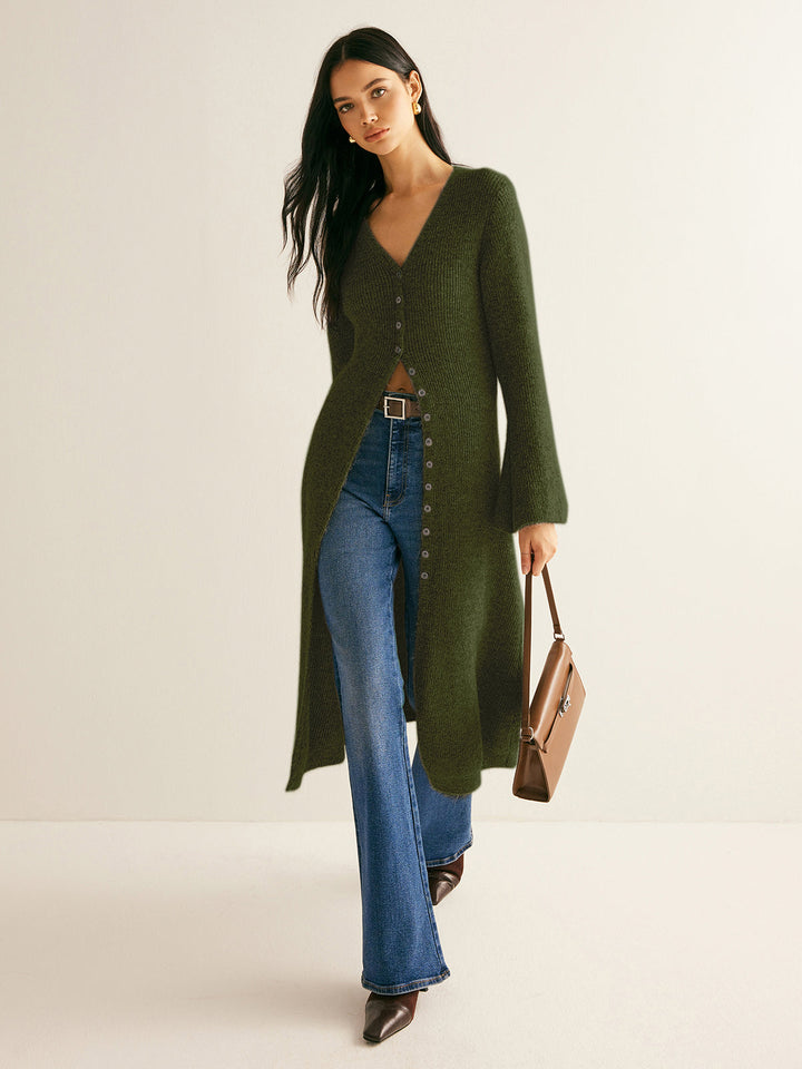 Damen Maxi Pullover V-Ausschnitt Strick mit Schlitz
