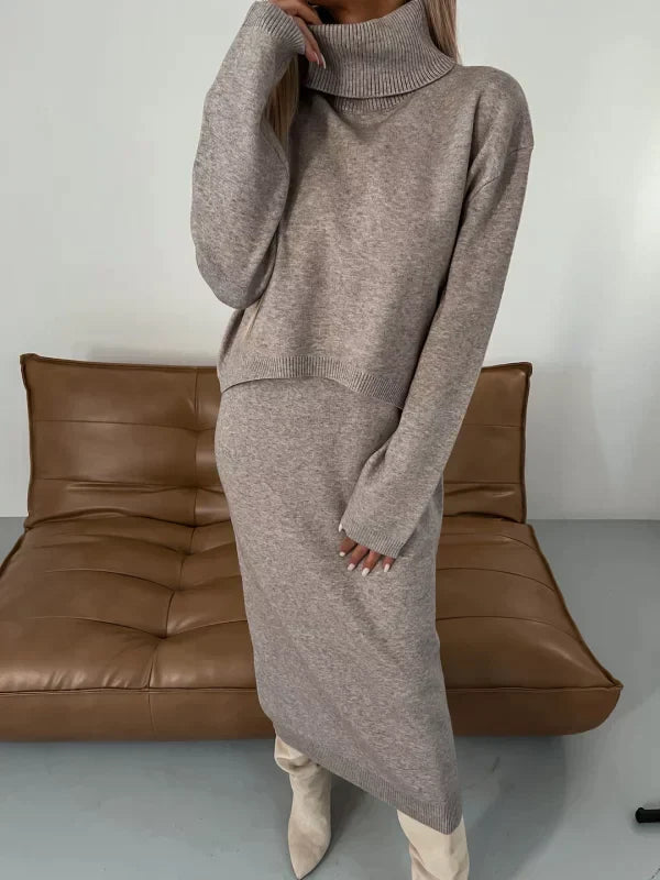 Women's midi dress with matching warm cardigan
