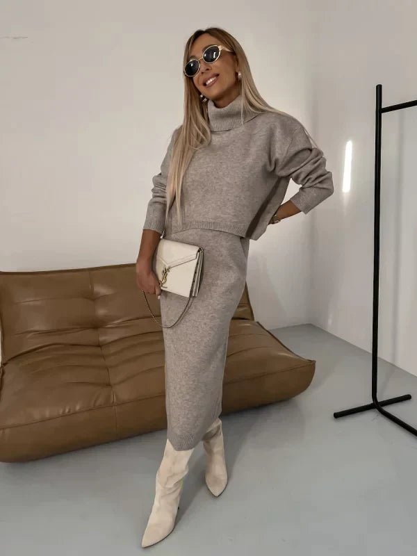 Women's midi dress with matching warm cardigan