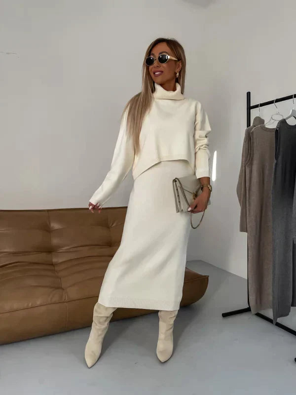 Women's midi dress with matching warm cardigan