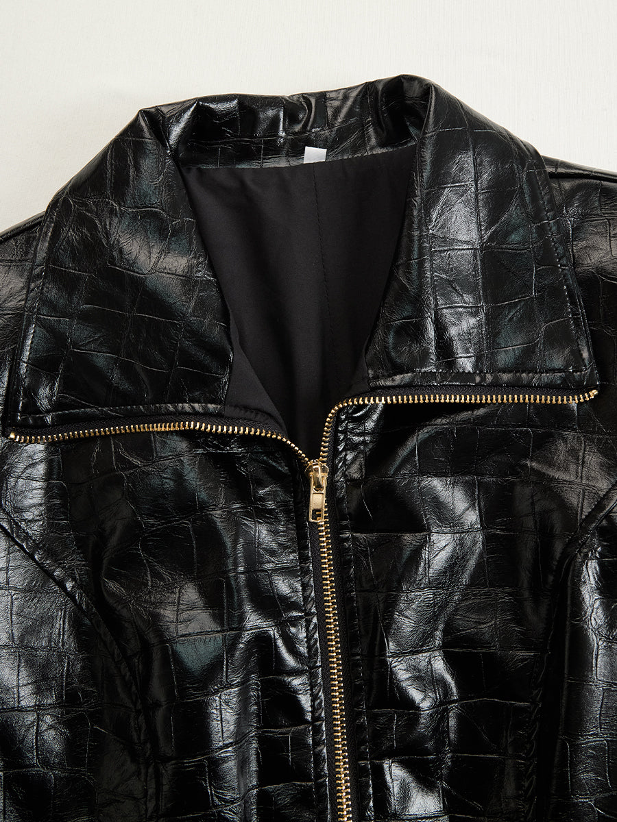 Damen Midikleid Kunstleder Krokodileffekt Elegant mit Langarm und Reißverschluss 6