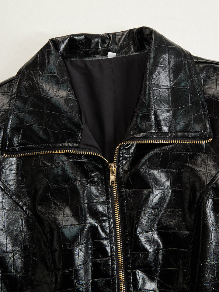 Damen Midikleid Kunstleder Krokodileffekt Elegant mit Langarm und Reißverschluss 6