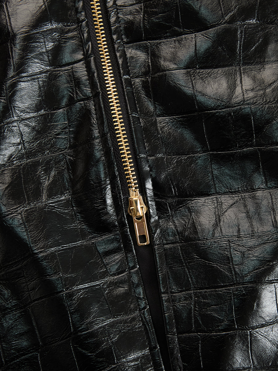 Damen Midikleid Kunstleder Krokodileffekt Elegant mit Langarm und Reißverschluss 7