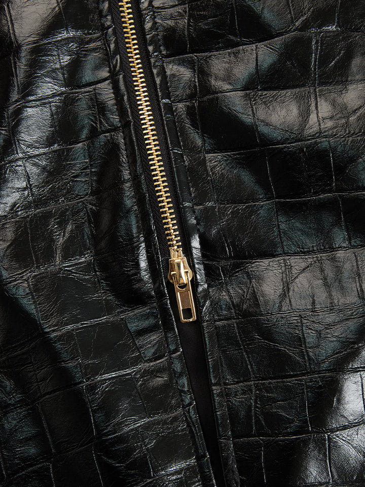 Damen Midikleid Kunstleder Krokodileffekt Elegant mit Langarm und Reißverschluss 7