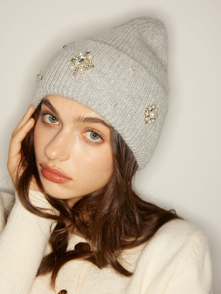 Damen Mütze aus Kaninchenhaar mit Strass – Elegante Beanie Mütze für Winter