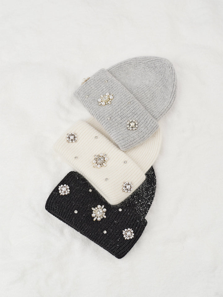 Damen Mütze aus Kaninchenhaar mit Strass – Elegante Beanie Mütze für Winter
