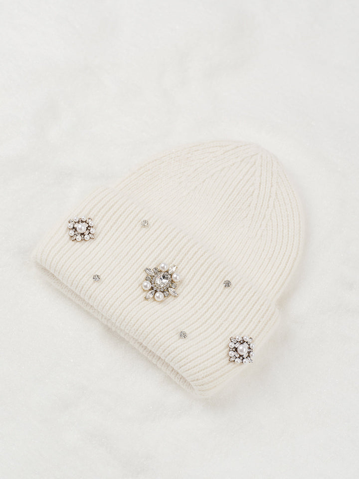 Damen Mütze aus Kaninchenhaar mit Strass – Elegante Beanie Mütze für Winter