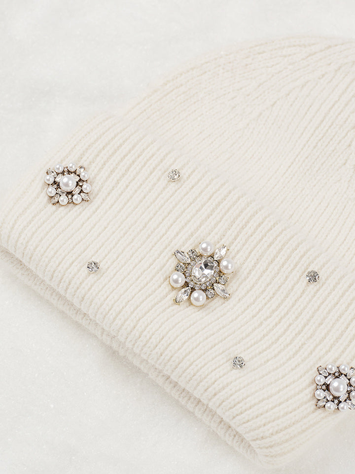 Damen Mütze aus Kaninchenhaar mit Strass – Elegante Beanie Mütze für Winter