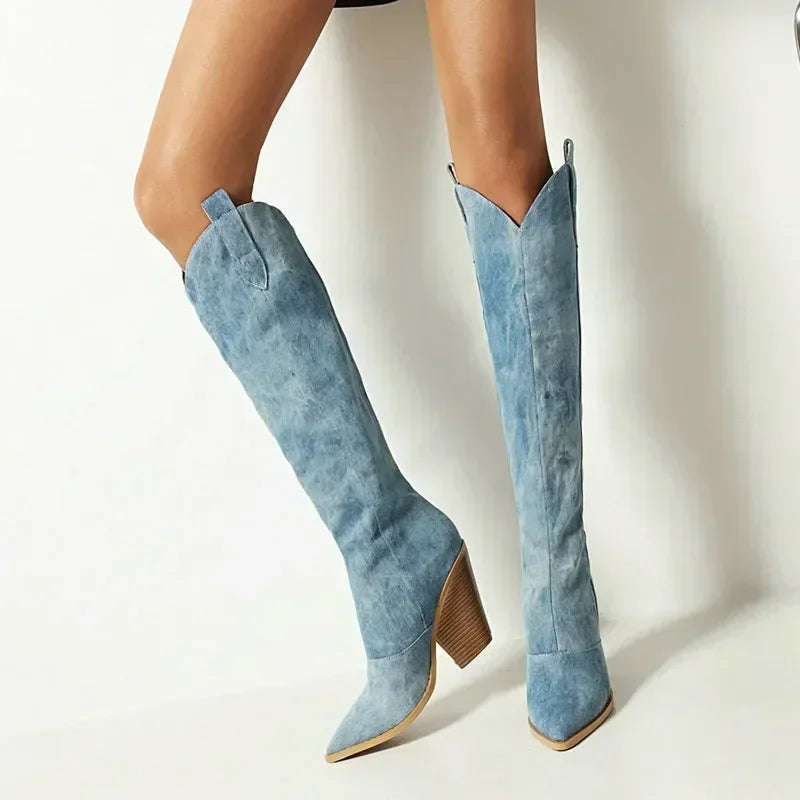 Damen Overknee Stiefel Leder Cowboy-Stil mit Stilettoabsatz