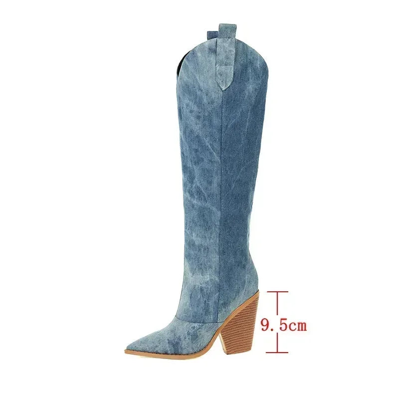 Damen Overknee Stiefel Leder Cowboy-Stil mit Stilettoabsatz