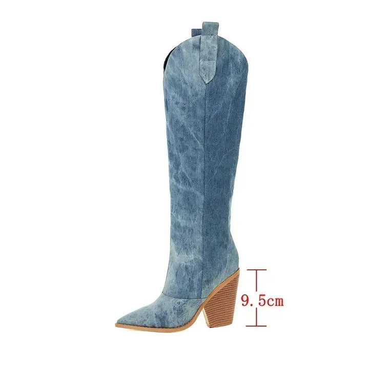 Damen Overknee Stiefel Leder Cowboy-Stil mit Stilettoabsatz